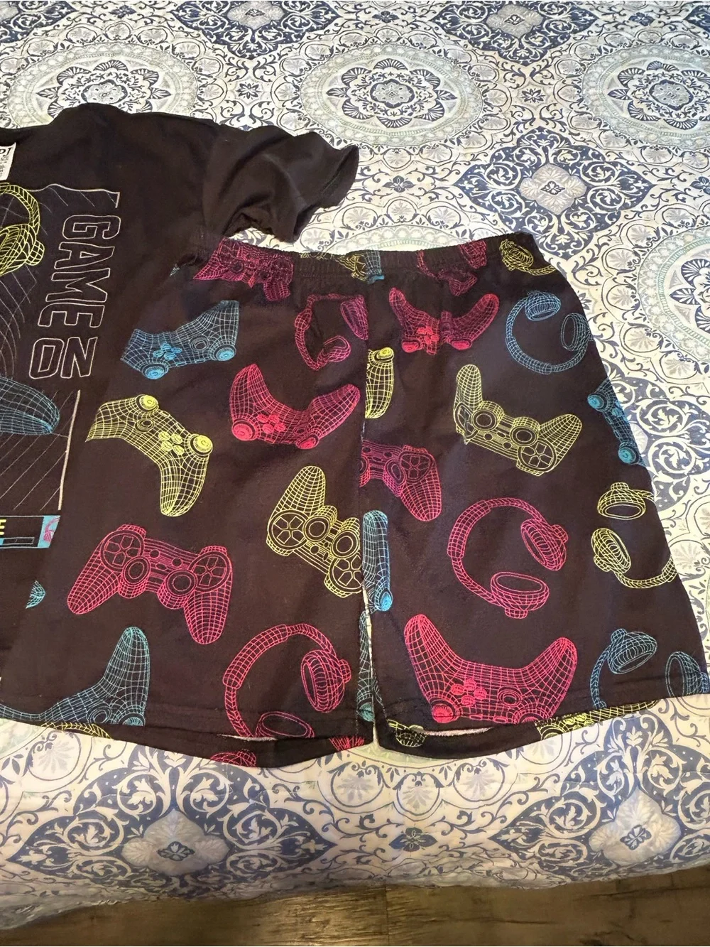 Kids Boys Black 'Game On' Pajama Set with Neon Controller Print Size XL 14-16